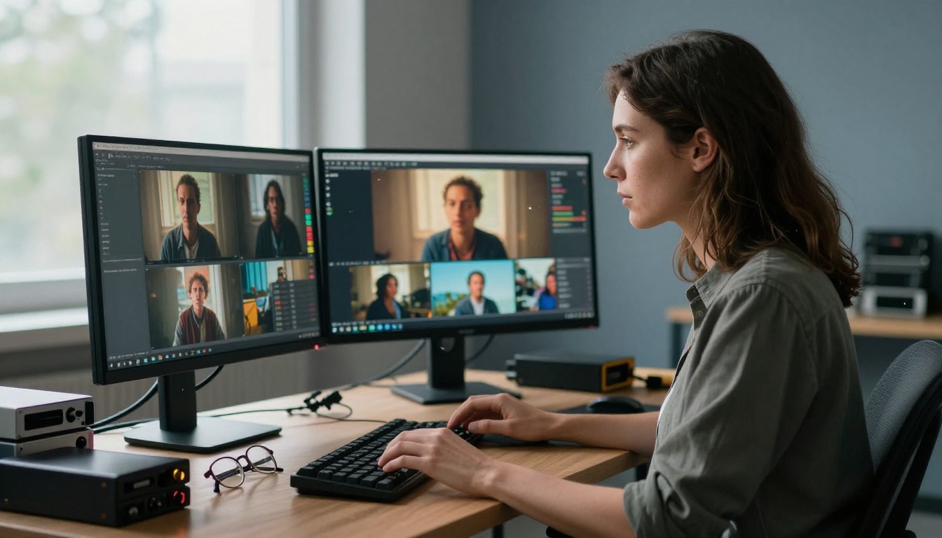 Video producer at triple-monitor workstation reviewing AI video clips