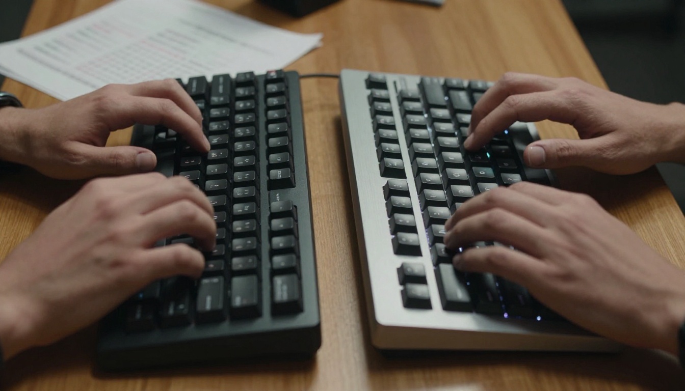 Close-up of two sets of hands side by side on separate mechanical keyboards, mid-keystroke motion blur, benchmark comparison documents visible on the desk