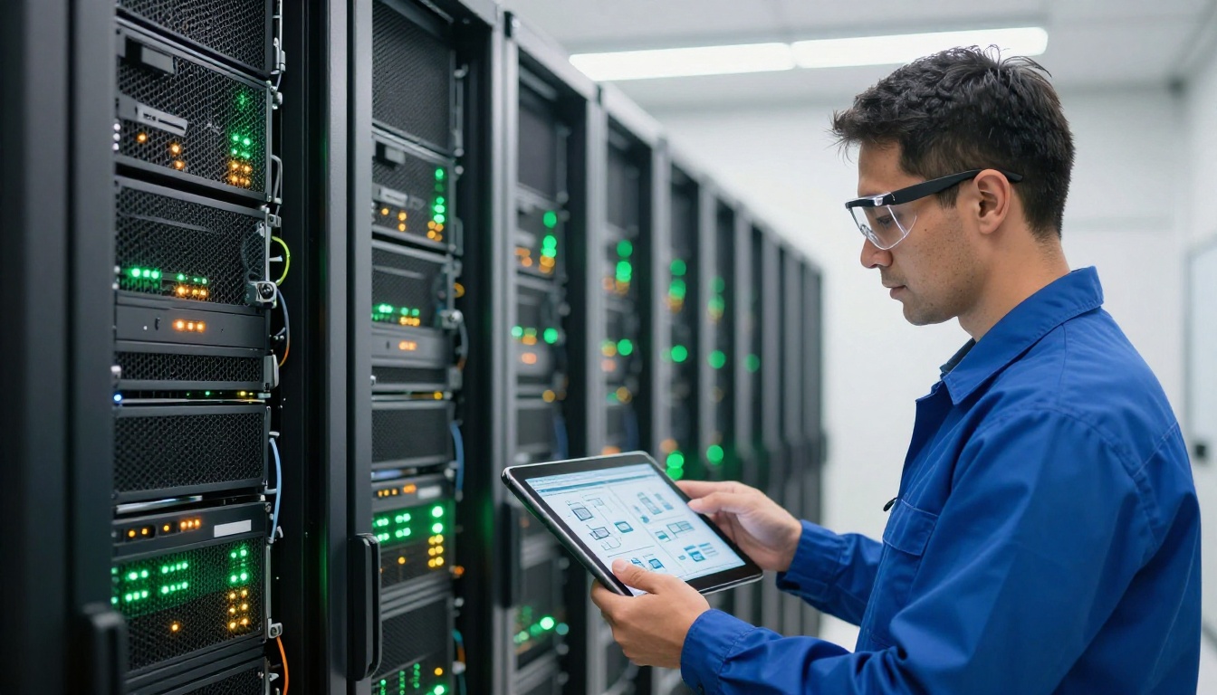 Male data center technician in safety glasses inspects server racks with blinking amber and green LEDs supporting AI video generation infrastructure