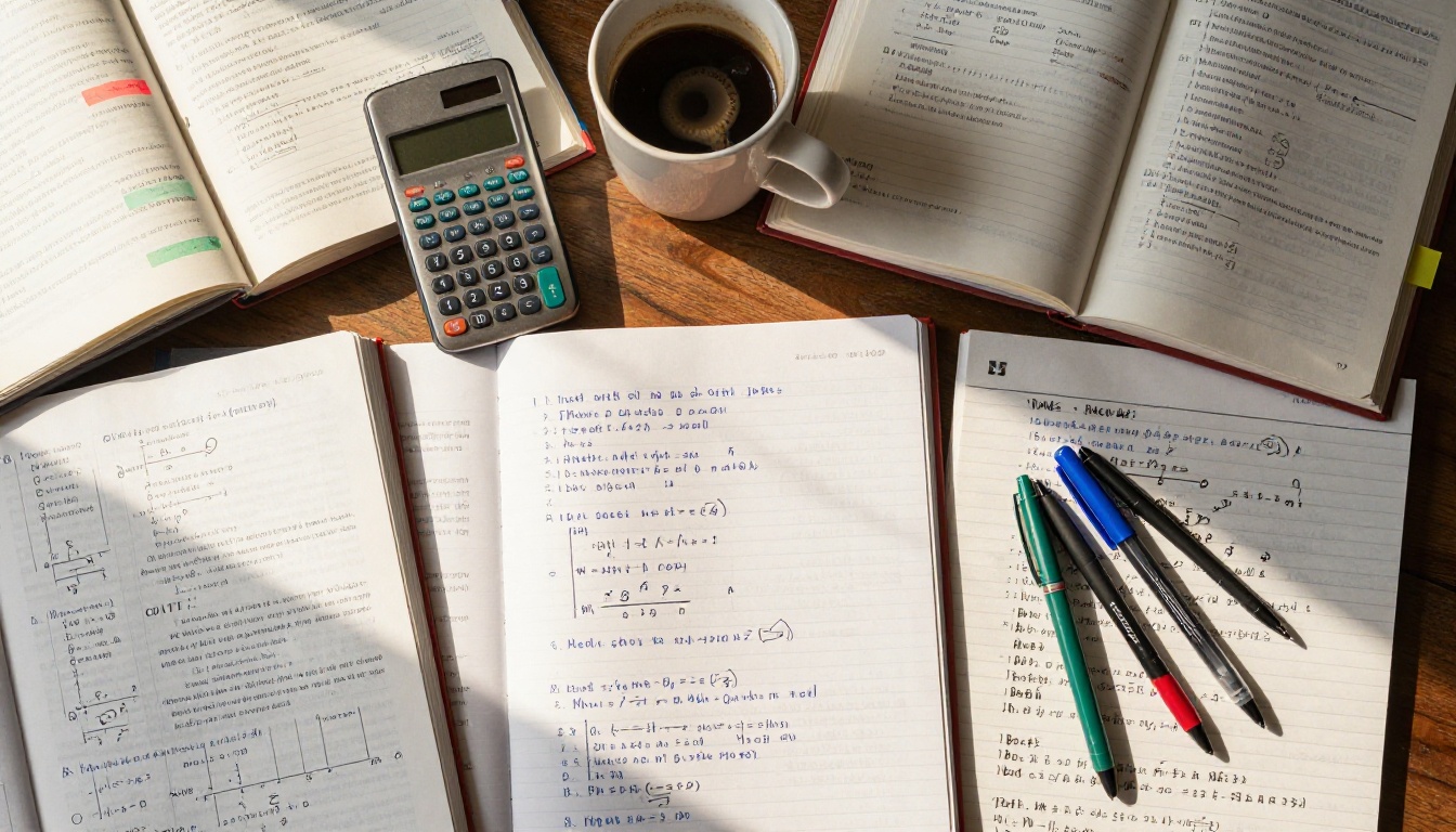 Top-down flat lay of mathematics workbooks, a worn graphing calculator, colored pens, and textbooks with sticky note bookmarks under warm diffused window light