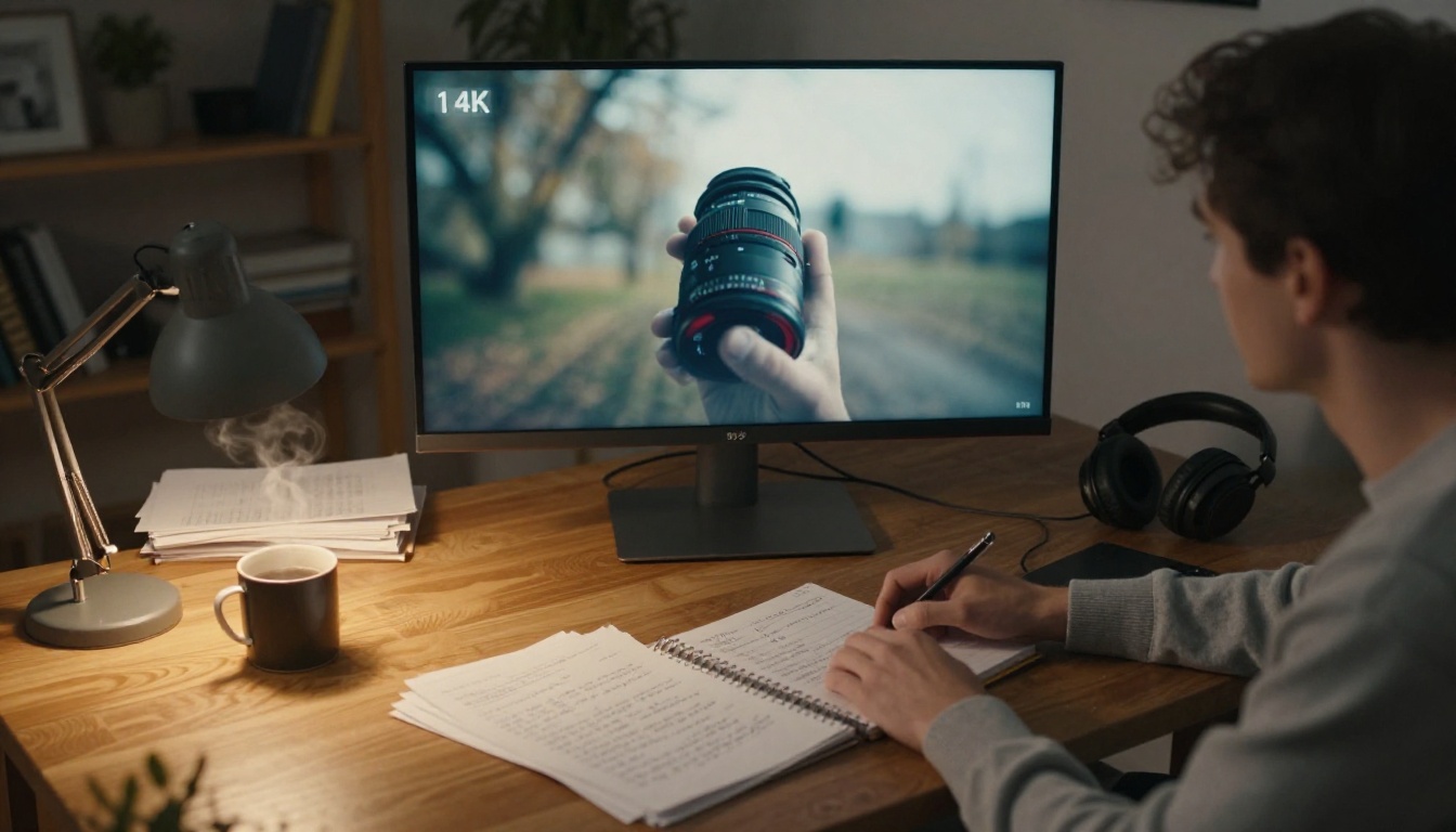 Male content creator reviewing AI video in dimly lit home studio aerial view