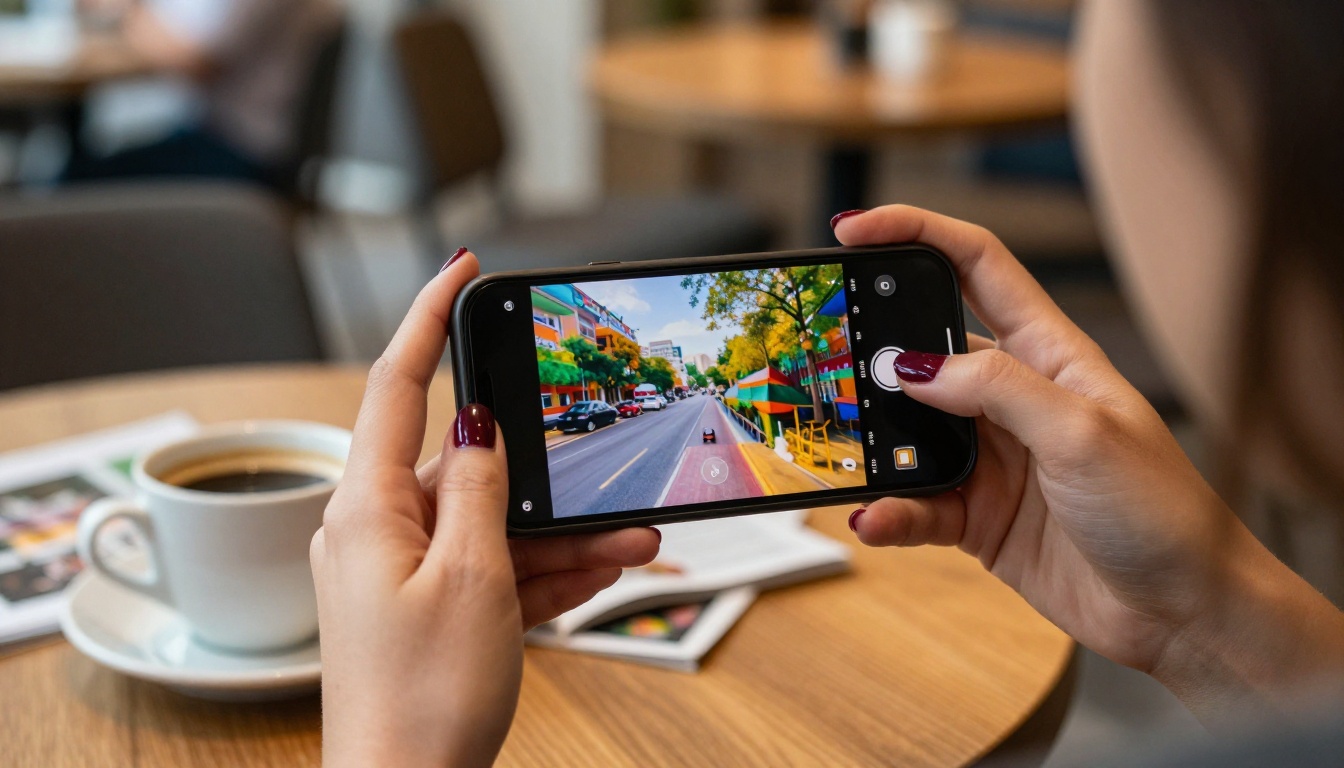 Young woman reviews AI-generated video content on her smartphone at a sunlit café table with warm afternoon light