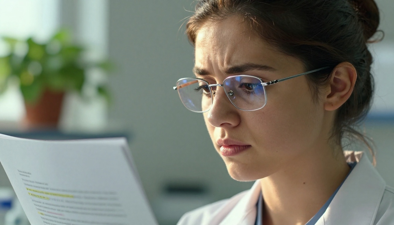 Portrait of a young woman scientist with wire-frame glasses reading a research paper intently, warm morning light from the right, blurred laboratory background