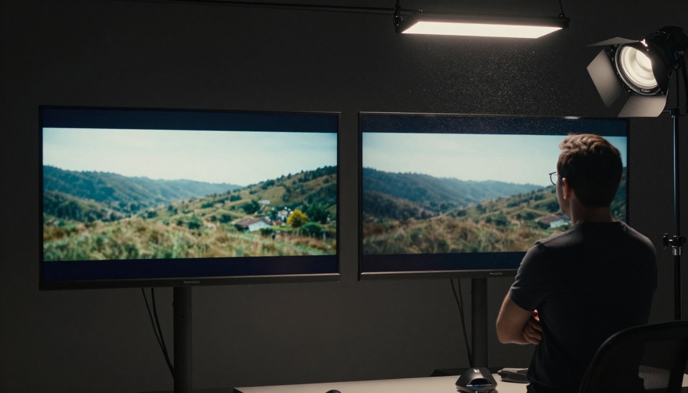 Side-by-side monitor comparison showing two AI video frames