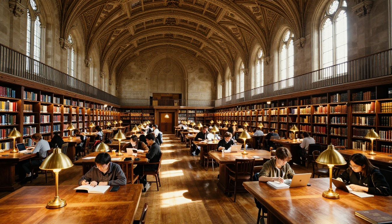 Grand university library reading room with soaring vaulted ceilings, rows of oak study tables with brass reading lamps, and warm afternoon light streaming through tall arched windows
