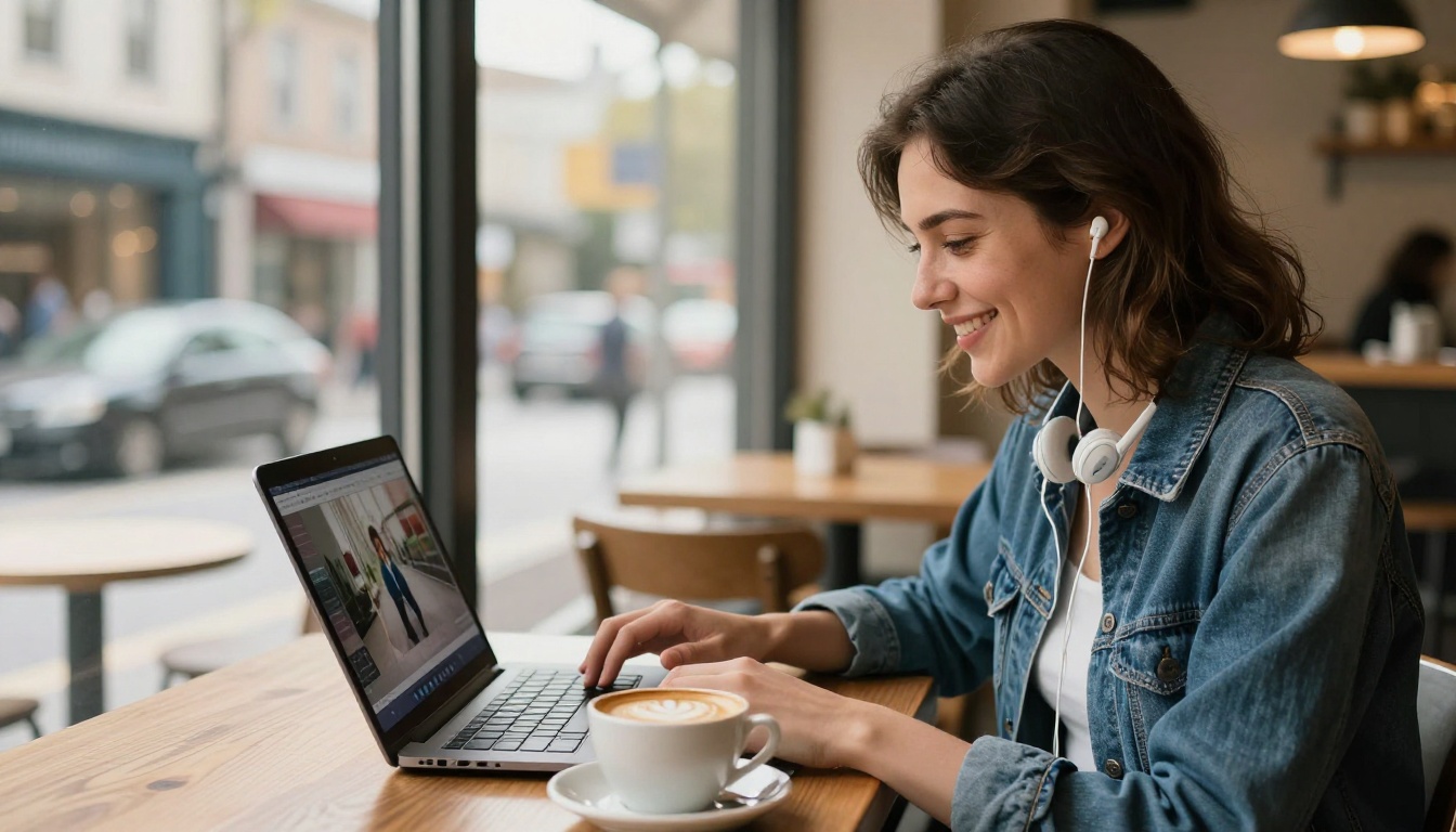Woman generating AI video on laptop in coffee shop with warm afternoon light