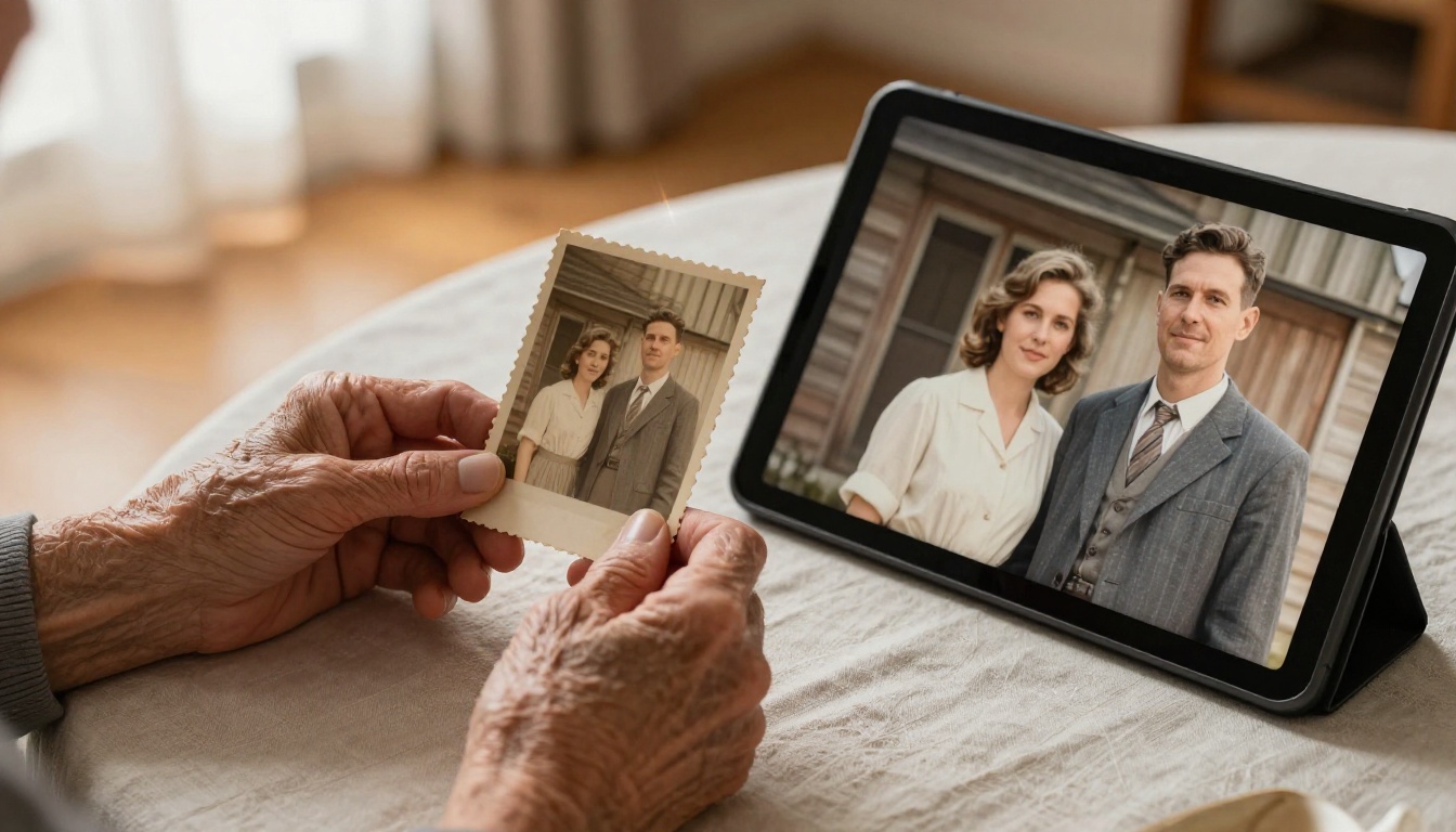 Elderly woman's wrinkled hands holding a faded 1950s sepia family photo next to a tablet showing the digitally restored version Elderly woman's wrinkled hands holding a faded 1950s sepia family photo next to a tablet showing the digitally restored version