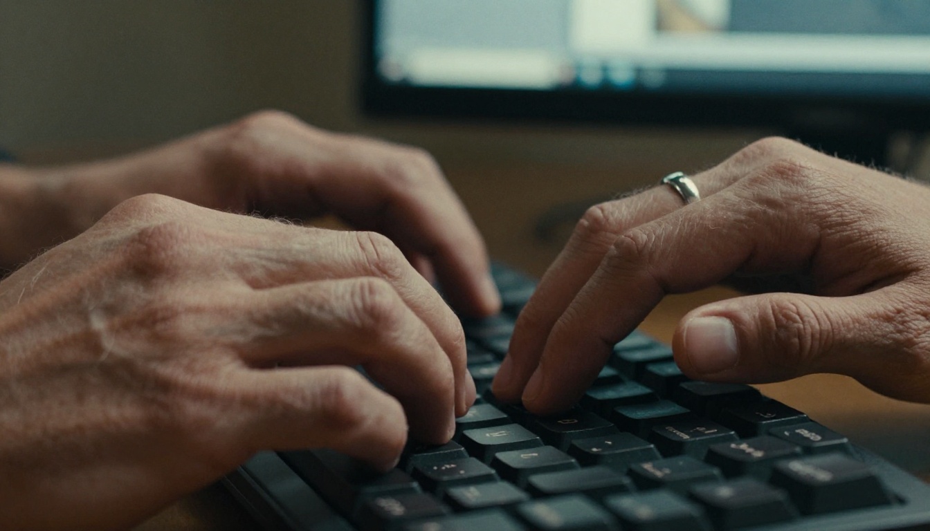Close-up of hands typing a detailed AI video prompt on mechanical keyboard