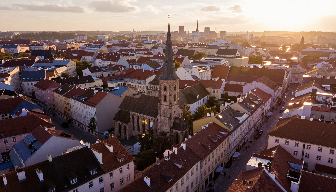 Aerial low-altitude photograph of a dense European city at golden hour showing sharp roof tiles, chimney details, and cobblestone street patterns Aerial low-altitude photograph of a dense European city at golden hour showing sharp roof tiles, chimney details, and cobblestone street patterns