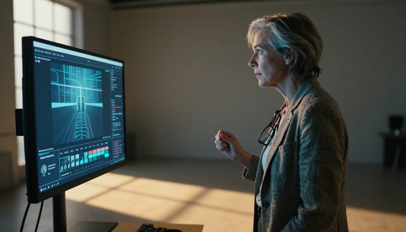Cinematographer with silver-streaked hair reviewing AI video on reference monitor