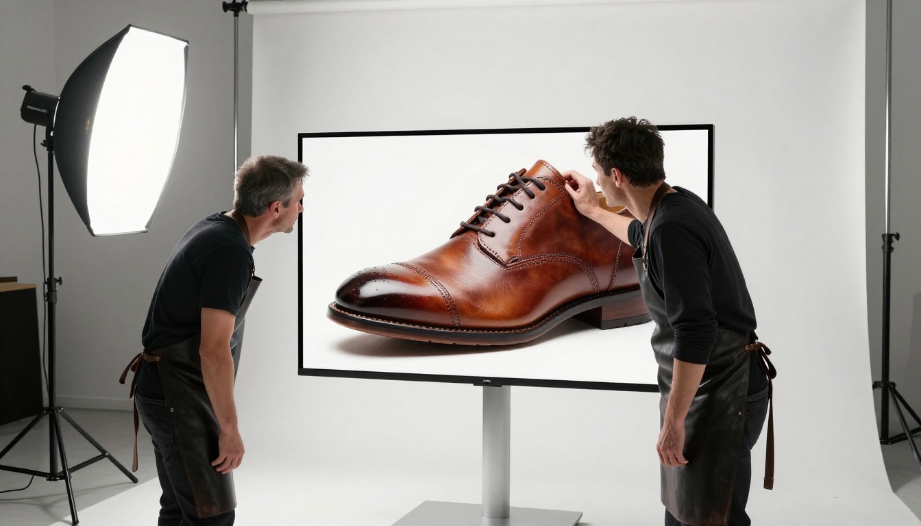 Product photographer leaning toward a large studio monitor examining a close-up leather shoe photograph for texture detail