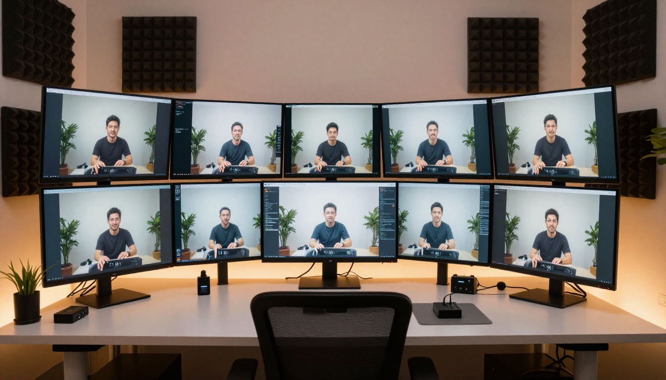 Wide studio setup with four monitors displaying AI video outputs