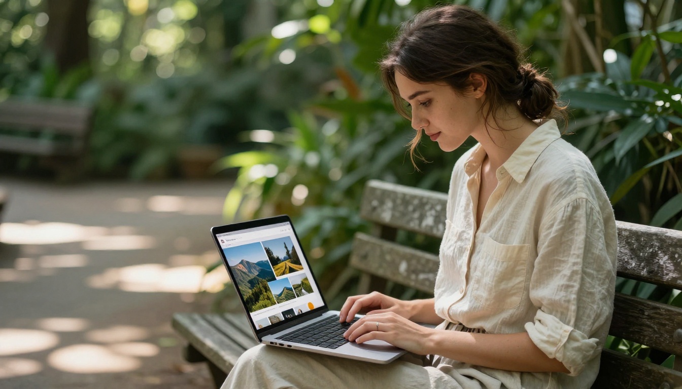Young woman sitting on a wooden bench in a sunlit botanical garden reviewing her photography portfolio on a laptop in dappled light