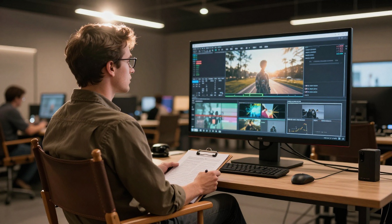 Professional director watching AI-generated footage in post-production suite