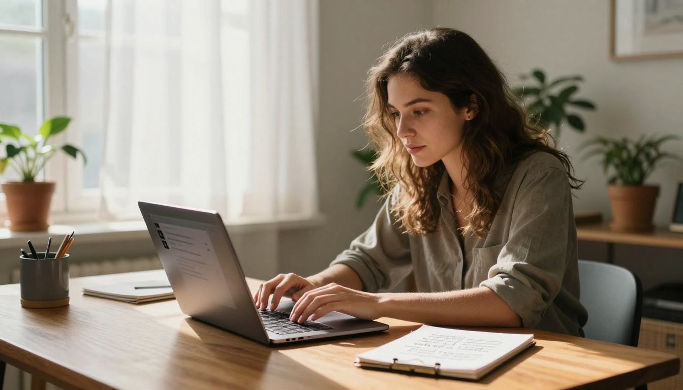 Creative professional typing AI video prompts on a laptop