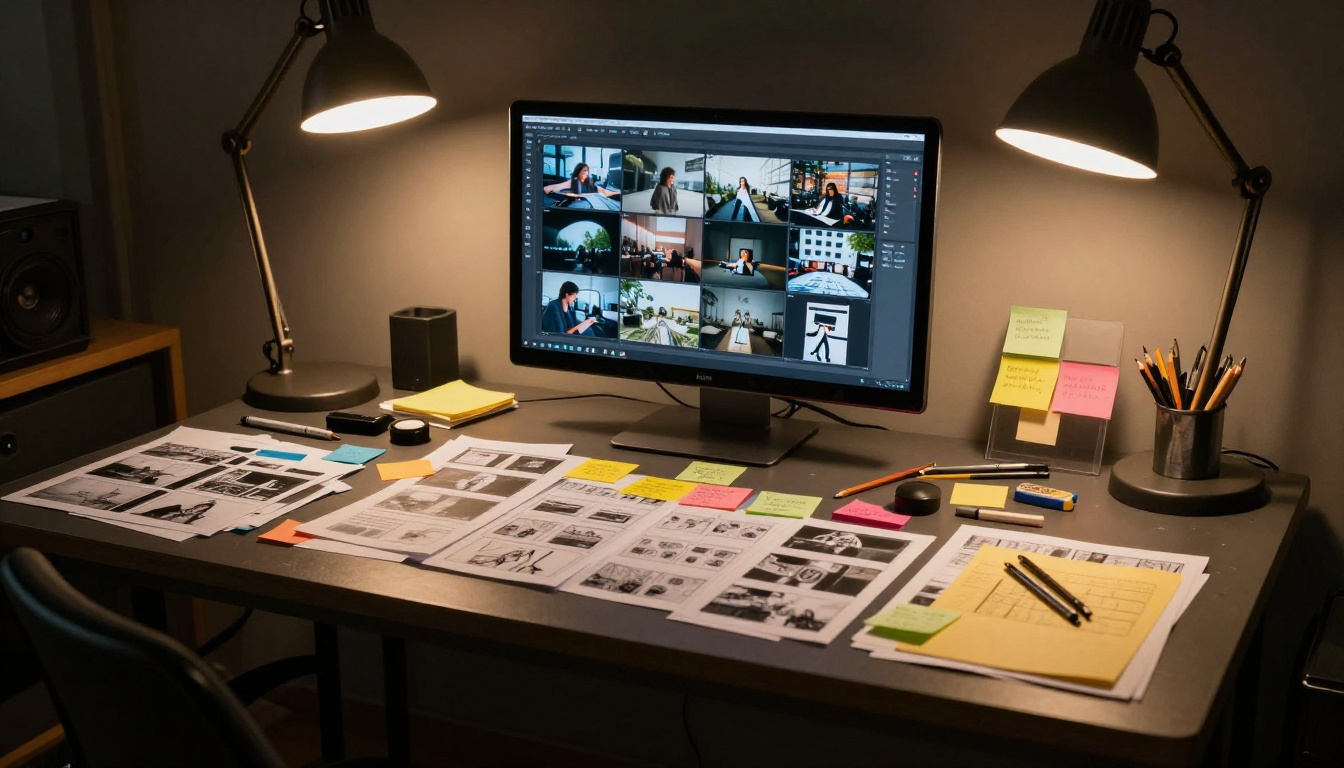 Creative studio desk with printed storyboard frames and AI-generated video grids