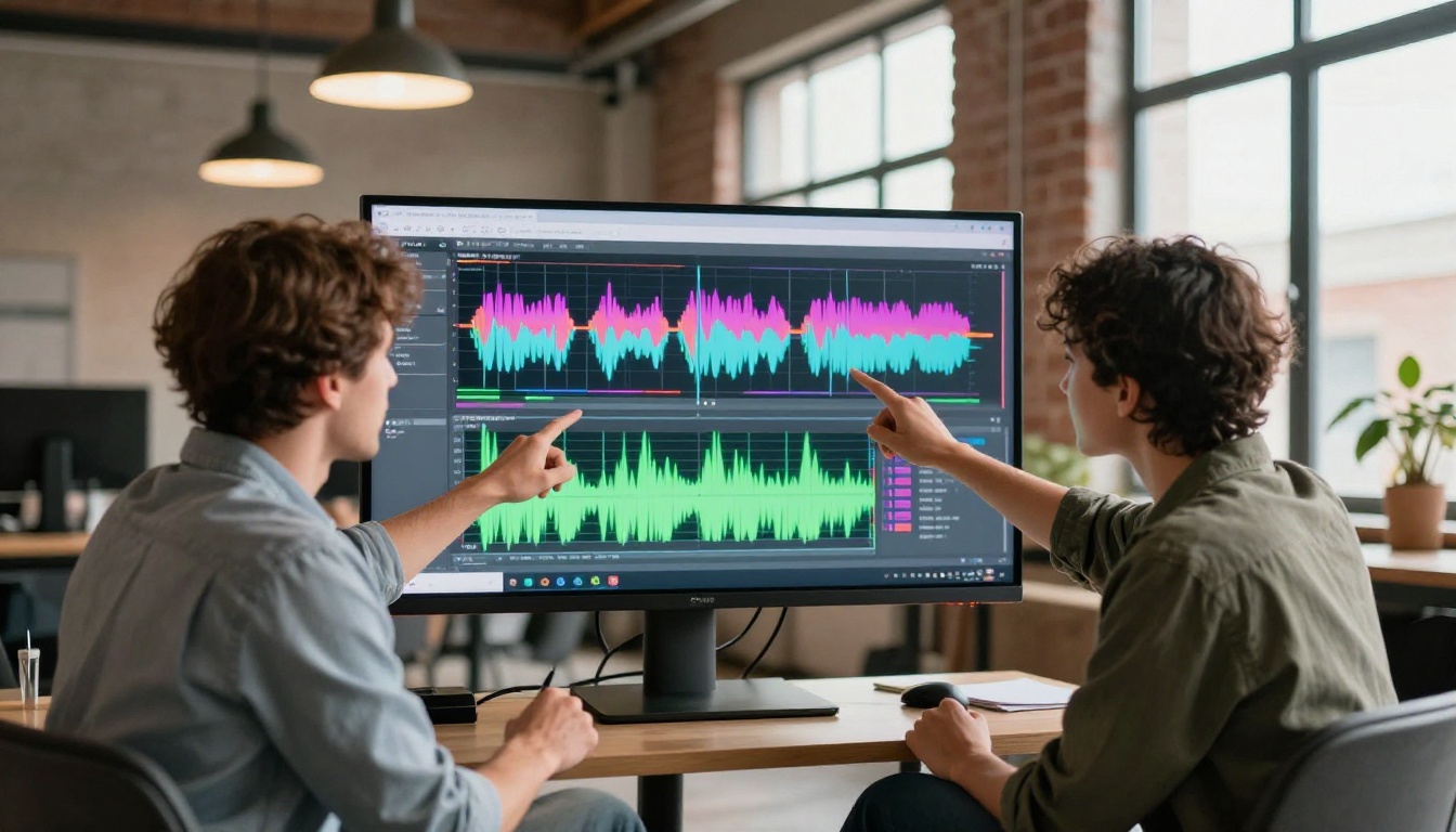 Two professionals collaborating on AI video generation results