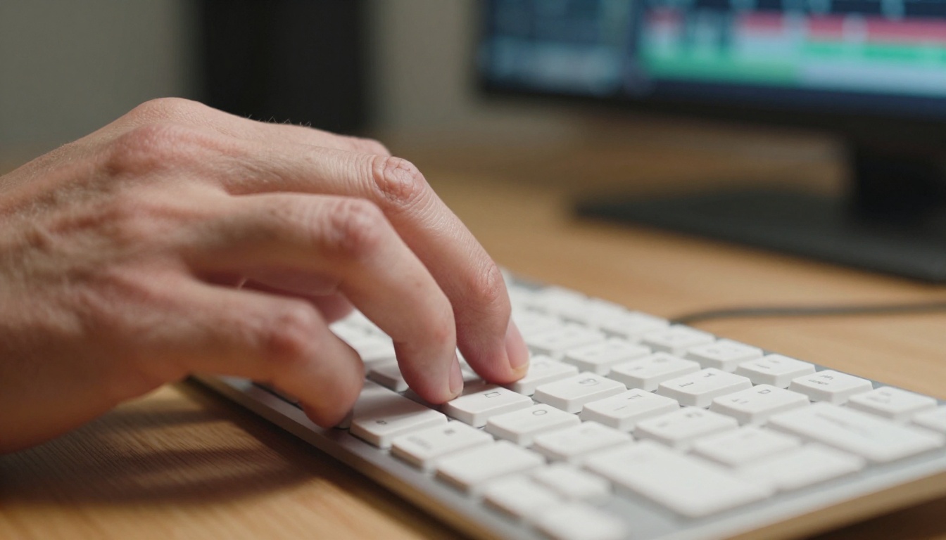 Close-up of hands typing on keyboard with video timeline in background