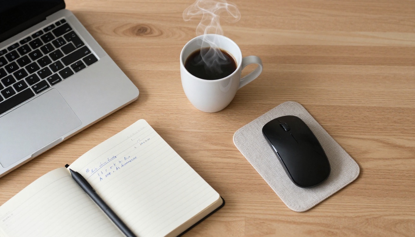 Overhead minimal desk setup with laptop, coffee, and notebook