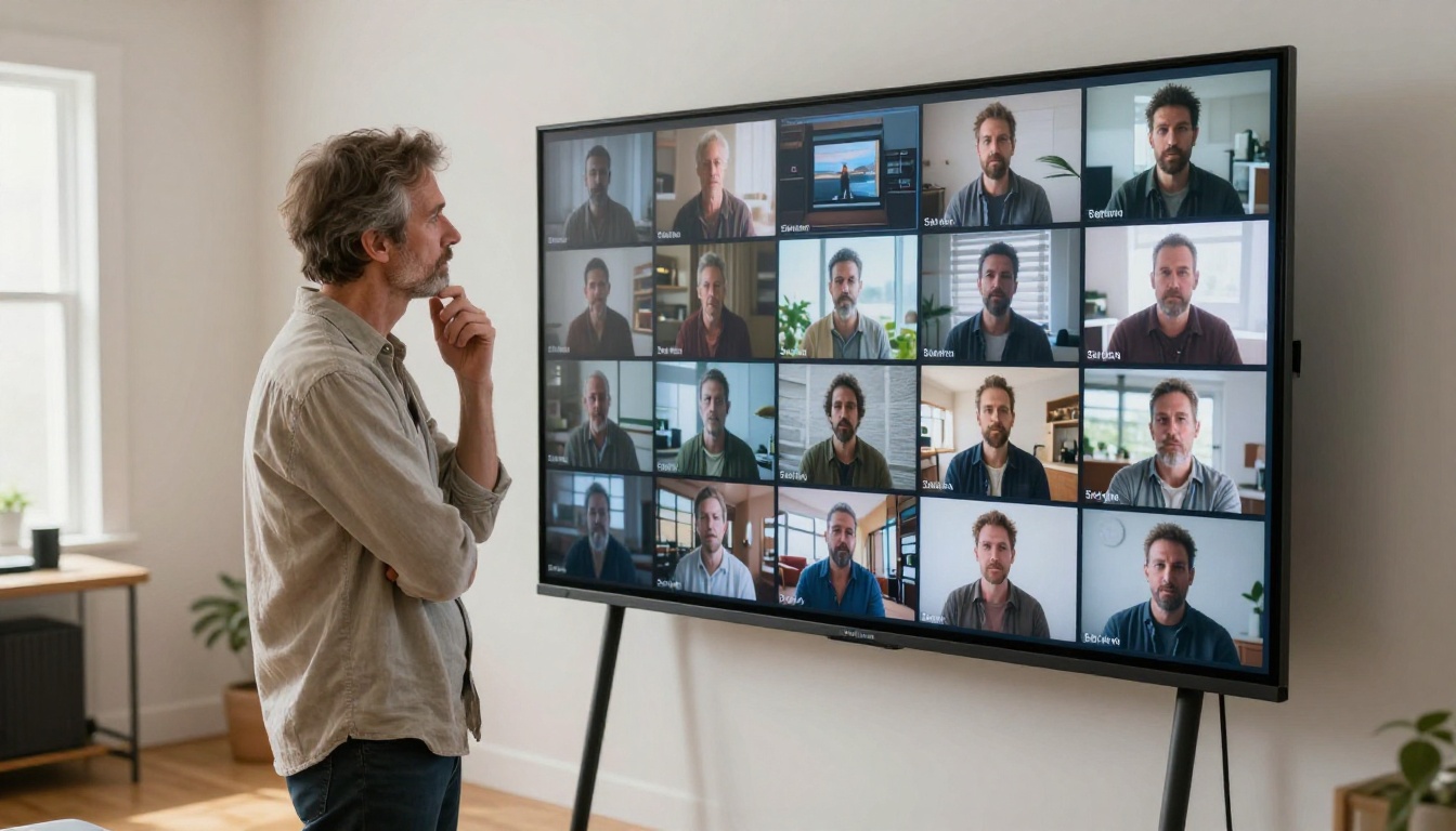 Filmmaker reviewing a grid of AI-generated video thumbnails on a large monitor