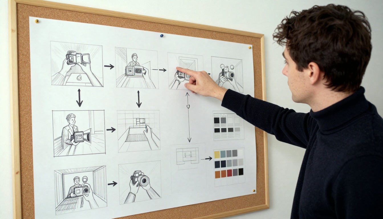 Creative director pointing at a physical storyboard on a corkboard