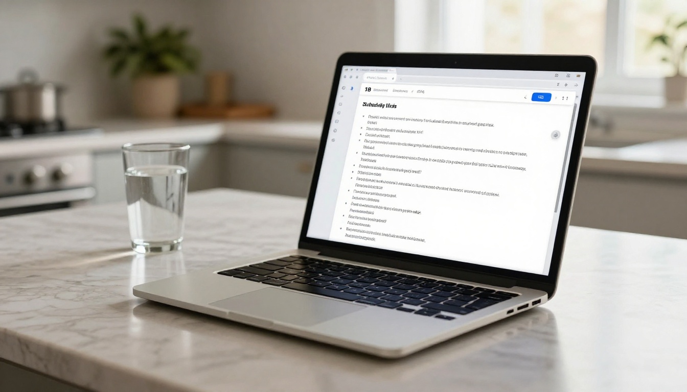 Laptop on kitchen counter showing AI chat interface with video creation prompts