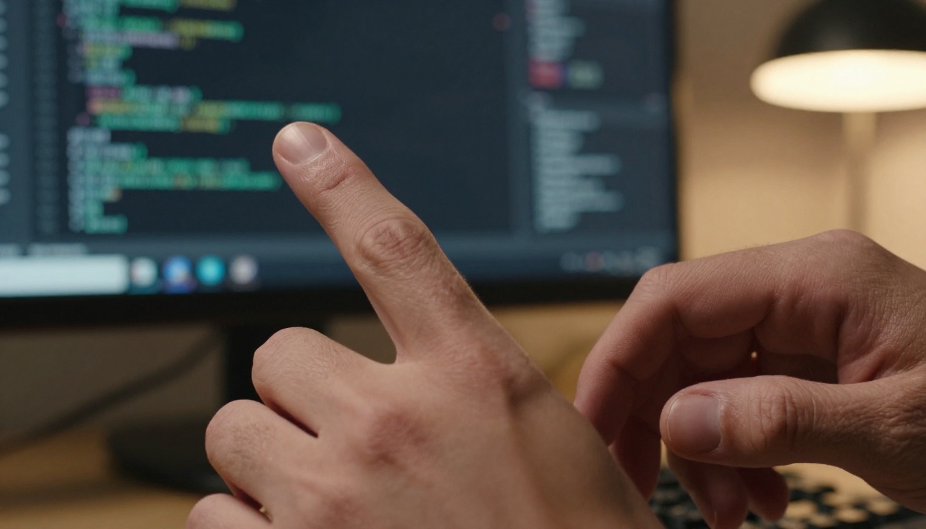 Close-up of developer hands on keyboard with dense code displayed on monitor