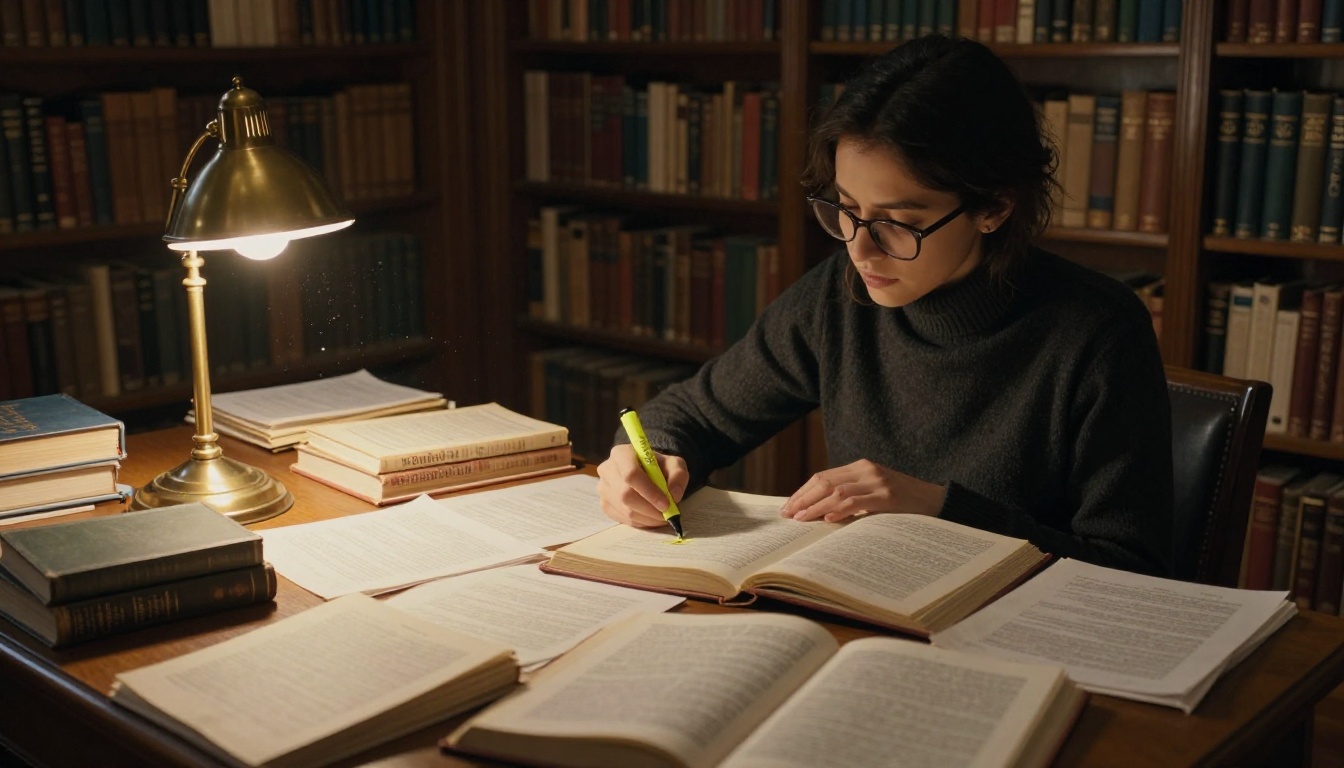 Young woman reading and annotating research papers in a warmly lit traditional library