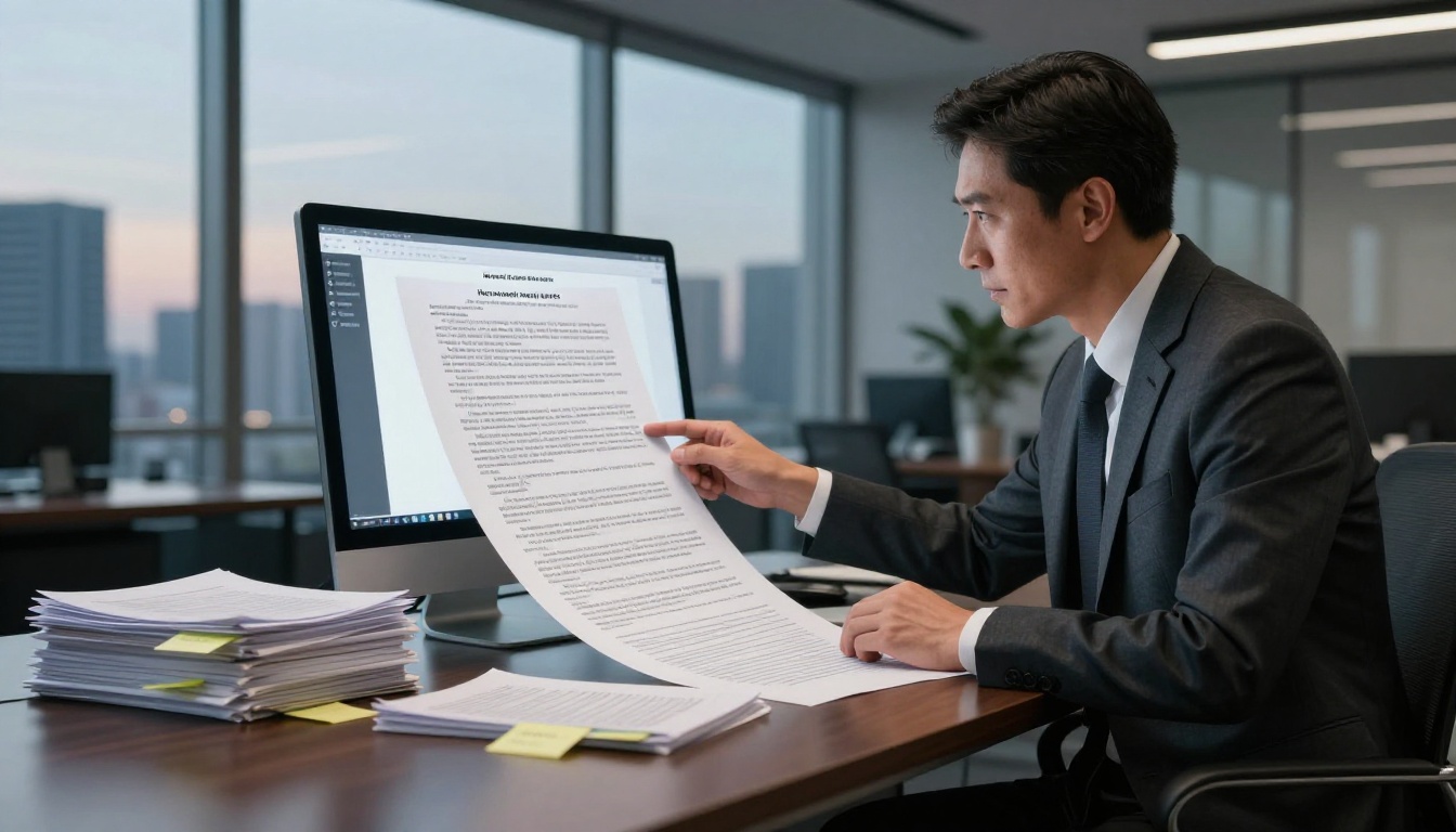 Professional lawyer reviewing a lengthy contract at a city-view office desk