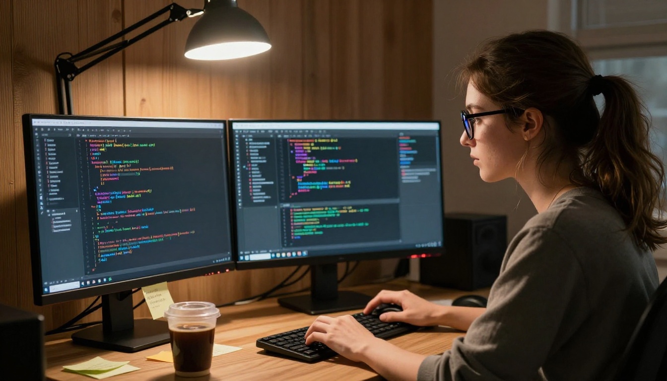 Female software developer at a triple-monitor workstation displaying an extensive codebase