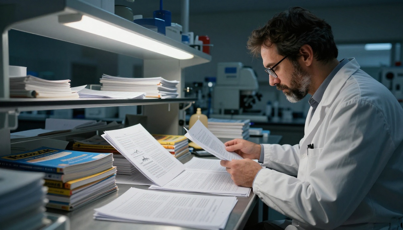 Scientist organizing printed research papers and journals in a late-night laboratory