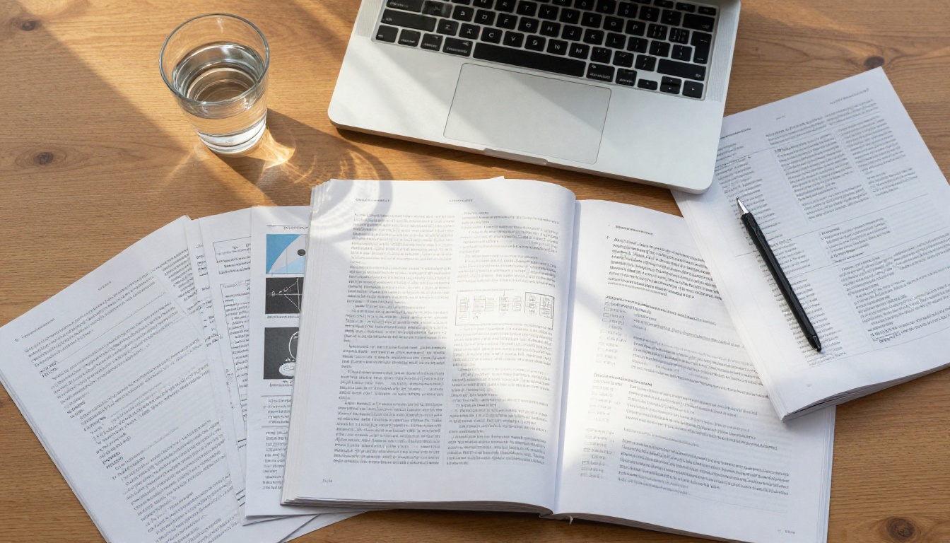 Aerial view of research papers spread across a desk with a laptop