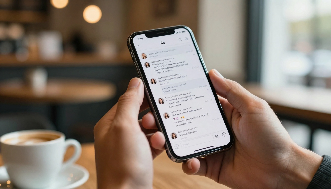 Hands holding a smartphone with an AI chat interface in a warm cafe setting