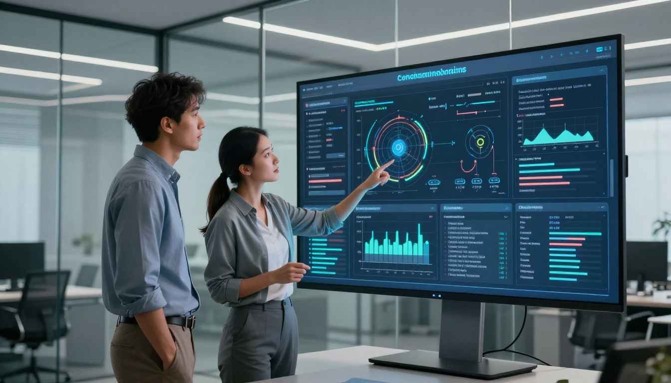 Two professionals reviewing a data-dense AI results dashboard in a modern boardroom