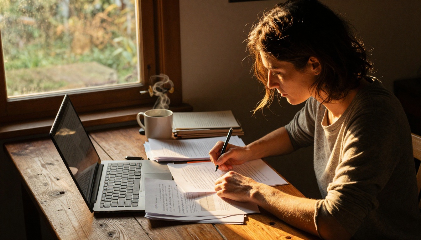 Female writer working on a long manuscript at a rustic wooden desk in warm afternoon light