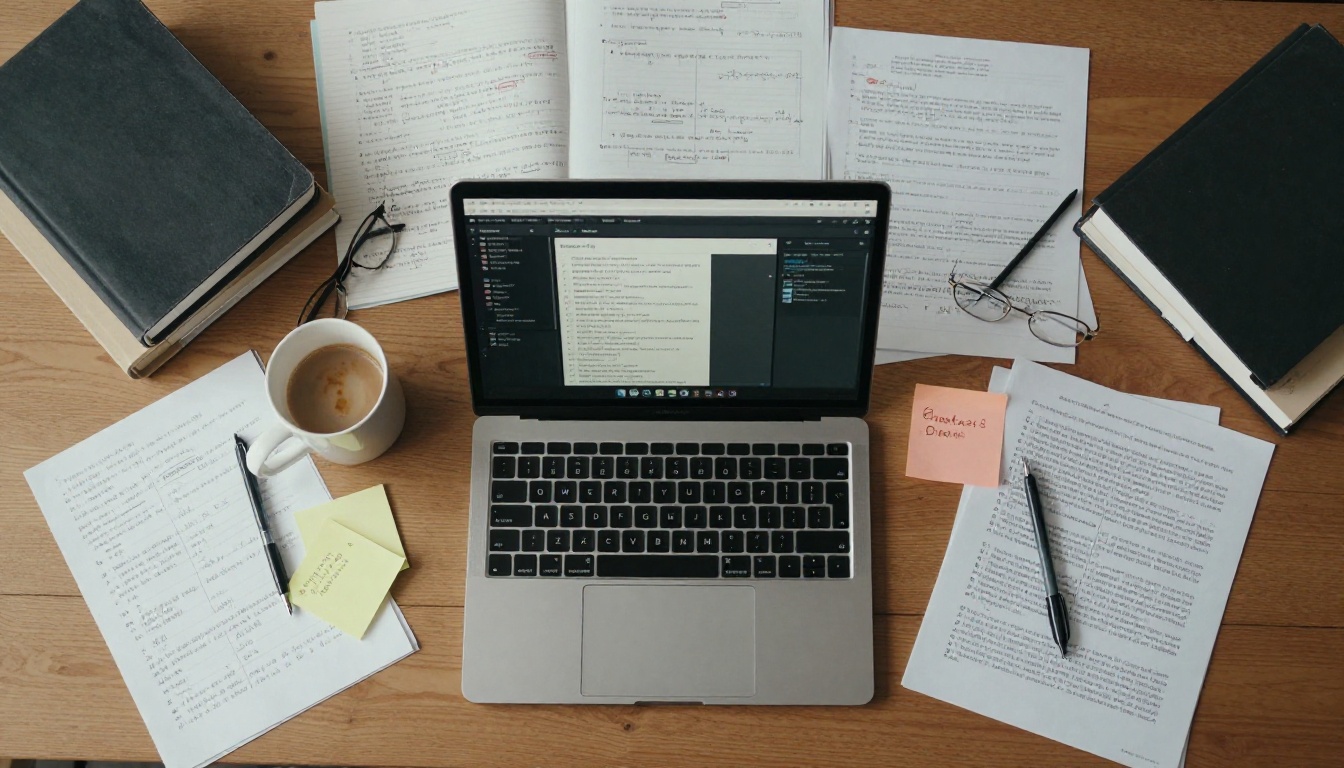 Aerial top-down view of a developer's desk with laptop, documents, and notes on a natural oak surface