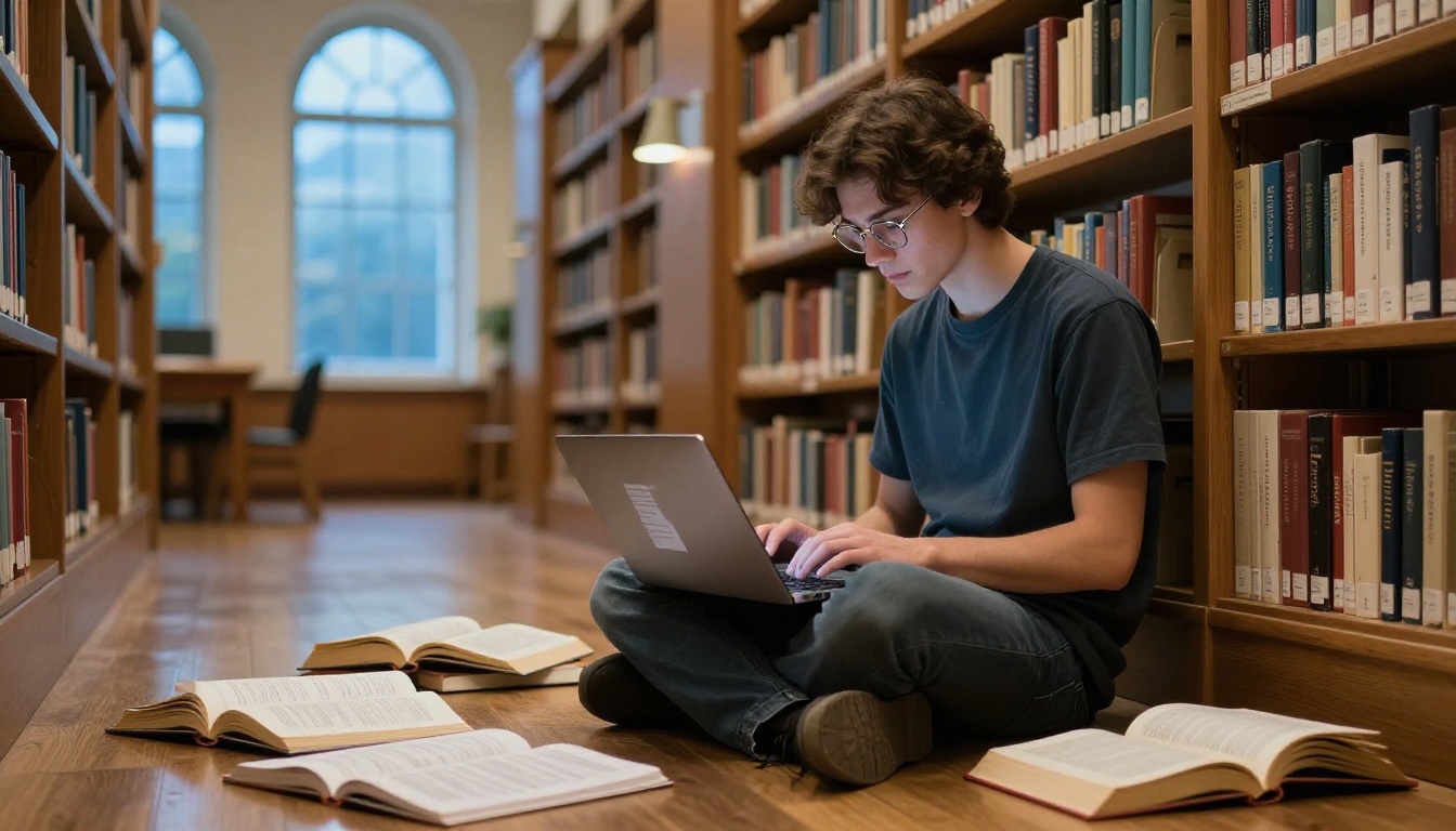 Researcher in a university library surrounded by books and a laptop