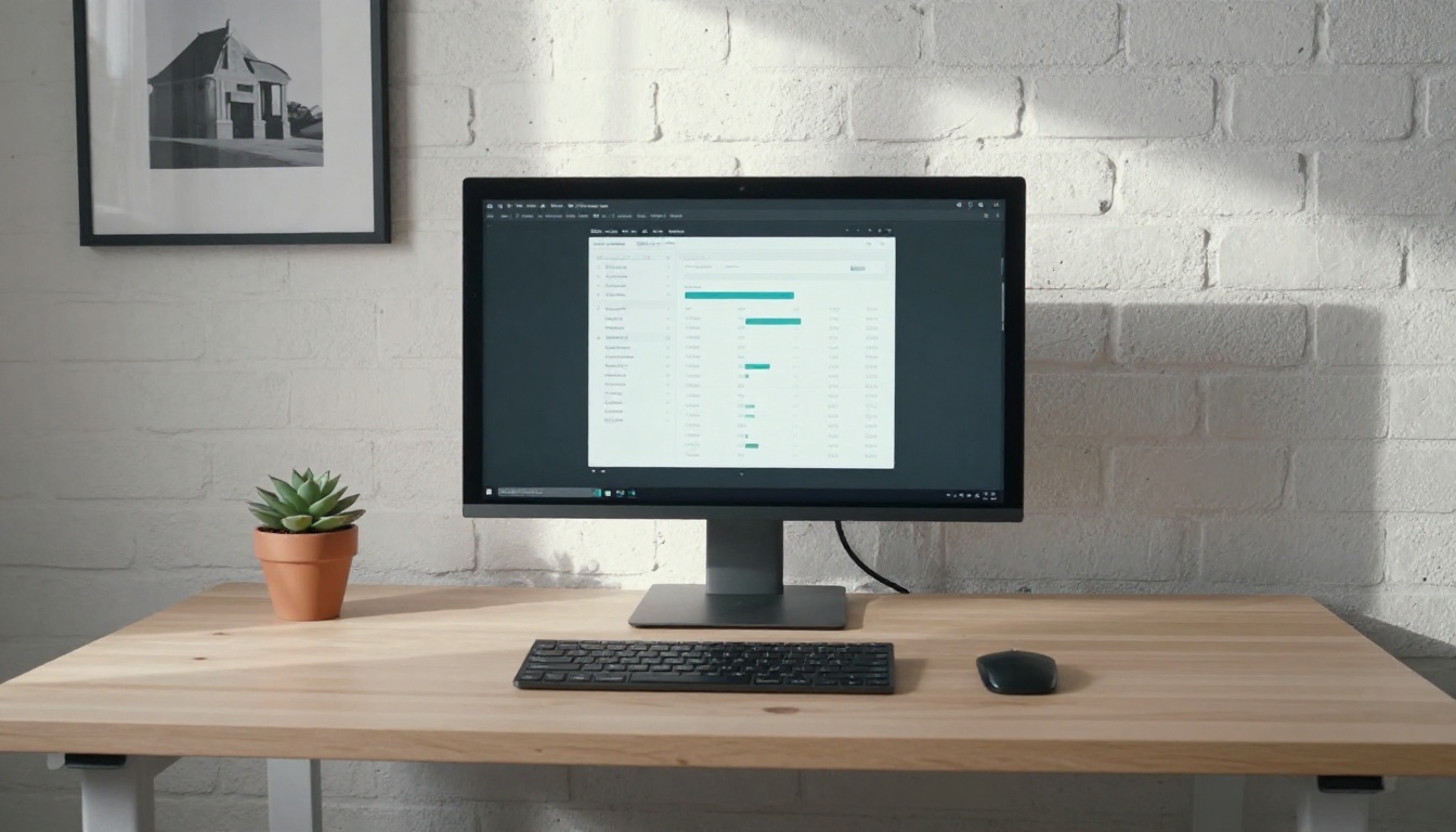Minimalist home office with a monitor showing text analytics