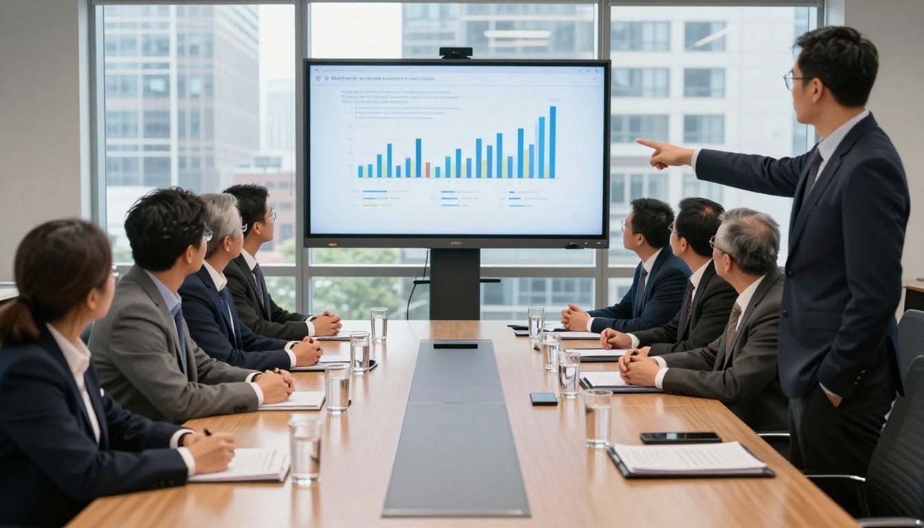 Corporate boardroom with a presenter at a data slide and executives at a table