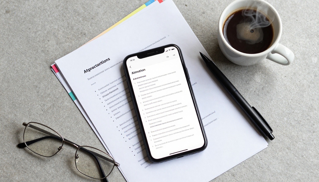 Flat-lay of a smartphone with document summary app next to printed reports