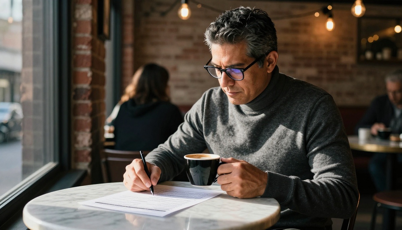 Latino professional reviewing an earnings report at a cafe table