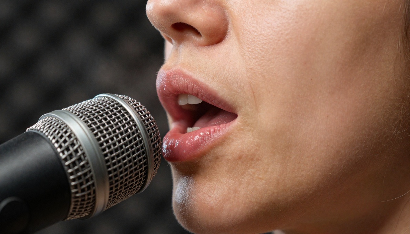 Professional audio recording studio with woman at microphone, close-up of lips speaking into a condenser mic in warm tungsten light Professional audio recording studio with woman at microphone, close-up of lips speaking into a condenser mic in warm tungsten light