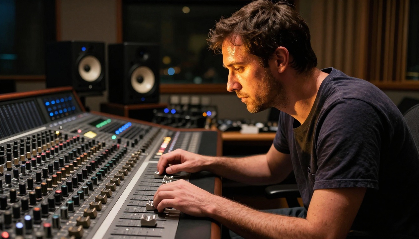 Male audio engineer leaning over large professional mixing console in dimly lit studio control room, warm amber desk lamp from right side Male audio engineer leaning over large professional mixing console in dimly lit studio control room, warm amber desk lamp from right side