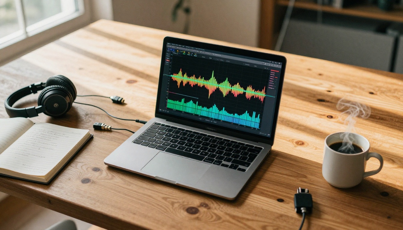 Aerial bird's-eye view of laptop with audio waveform software on wooden desk surrounded by headphones, notebook, and coffee mug Aerial bird's-eye view of laptop with audio waveform software on wooden desk surrounded by headphones, notebook, and coffee mug