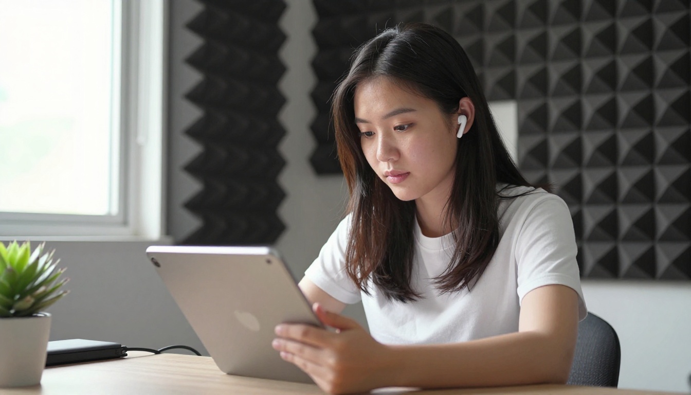 Young Asian woman with wireless earbuds sitting at home studio desk with Rembrandt lighting from side window Young Asian woman with wireless earbuds sitting at home studio desk with Rembrandt lighting from side window