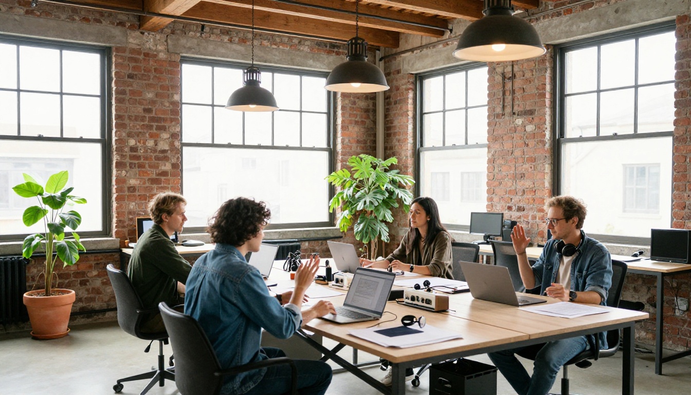 Diverse group of three professionals gathered around audio equipment in modern studio with exposed brick walls and industrial windows