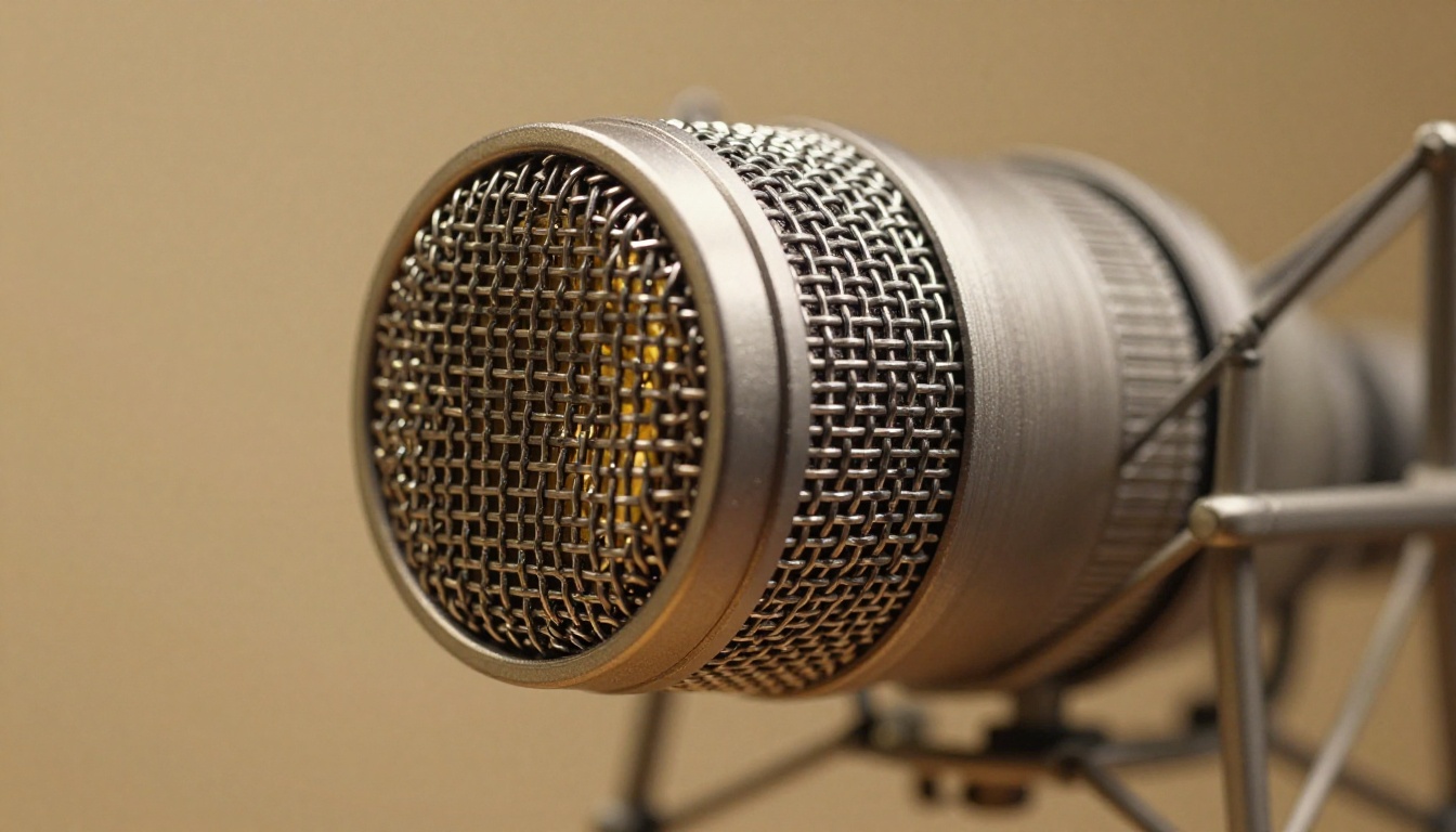 Macro close-up of professional condenser microphone capsule mesh grille with gold diaphragm visible, tungsten light from upper left Macro close-up of professional condenser microphone capsule mesh grille with gold diaphragm visible, tungsten light from upper left