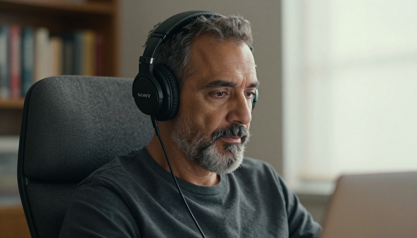 Side profile of 40-year-old man with salt-and-pepper beard wearing Sony headphones, listening at laptop, soft bookshelf bokeh background