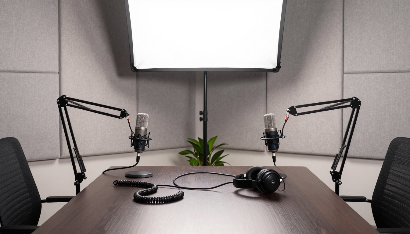 Modern podcast recording setup with two microphones on dark walnut desk, professional headphones beside them, soft even studio lighting