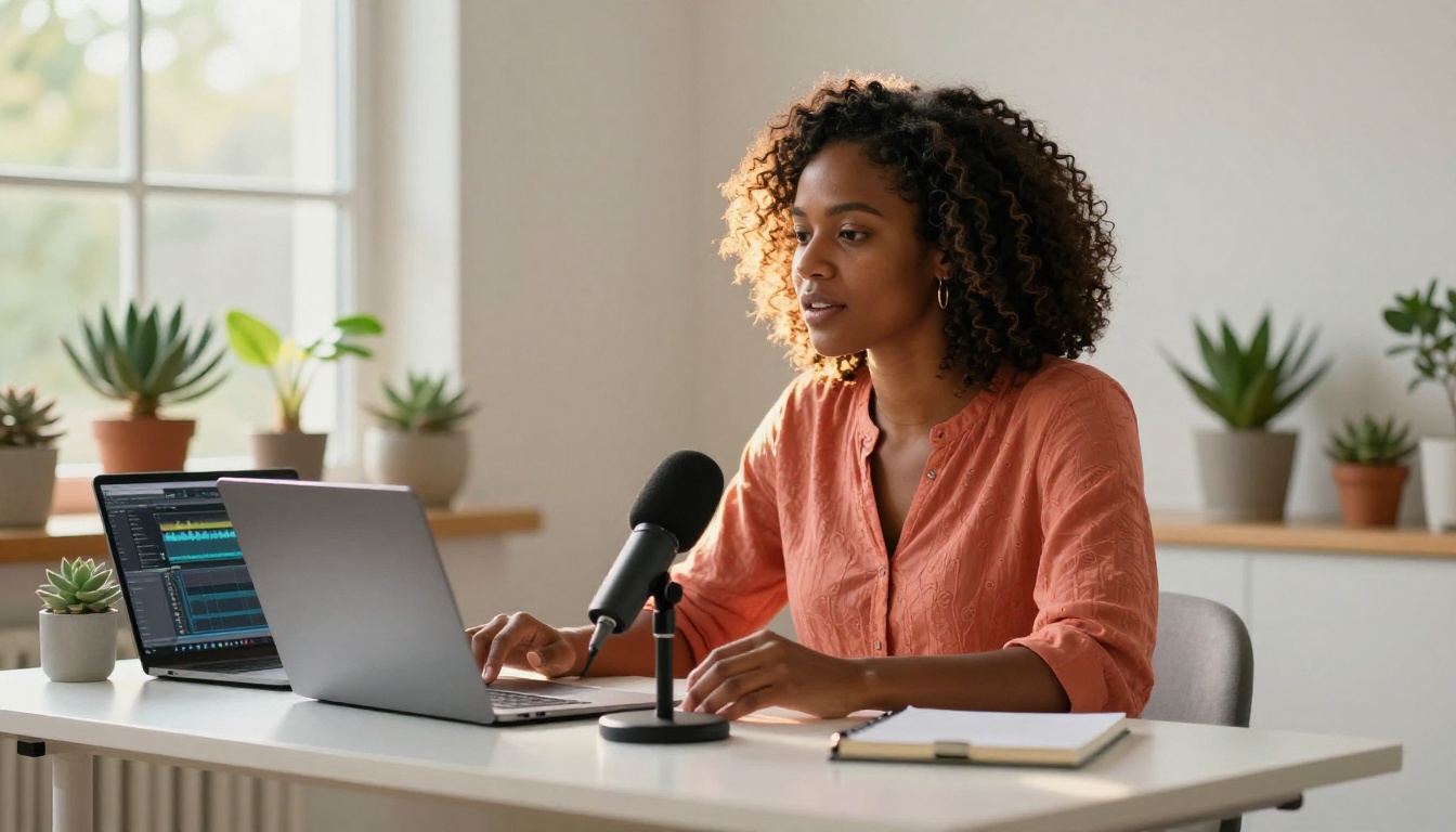 Black woman with natural coiled hair recording at minimalist white home studio desk, warm morning golden light from right window
